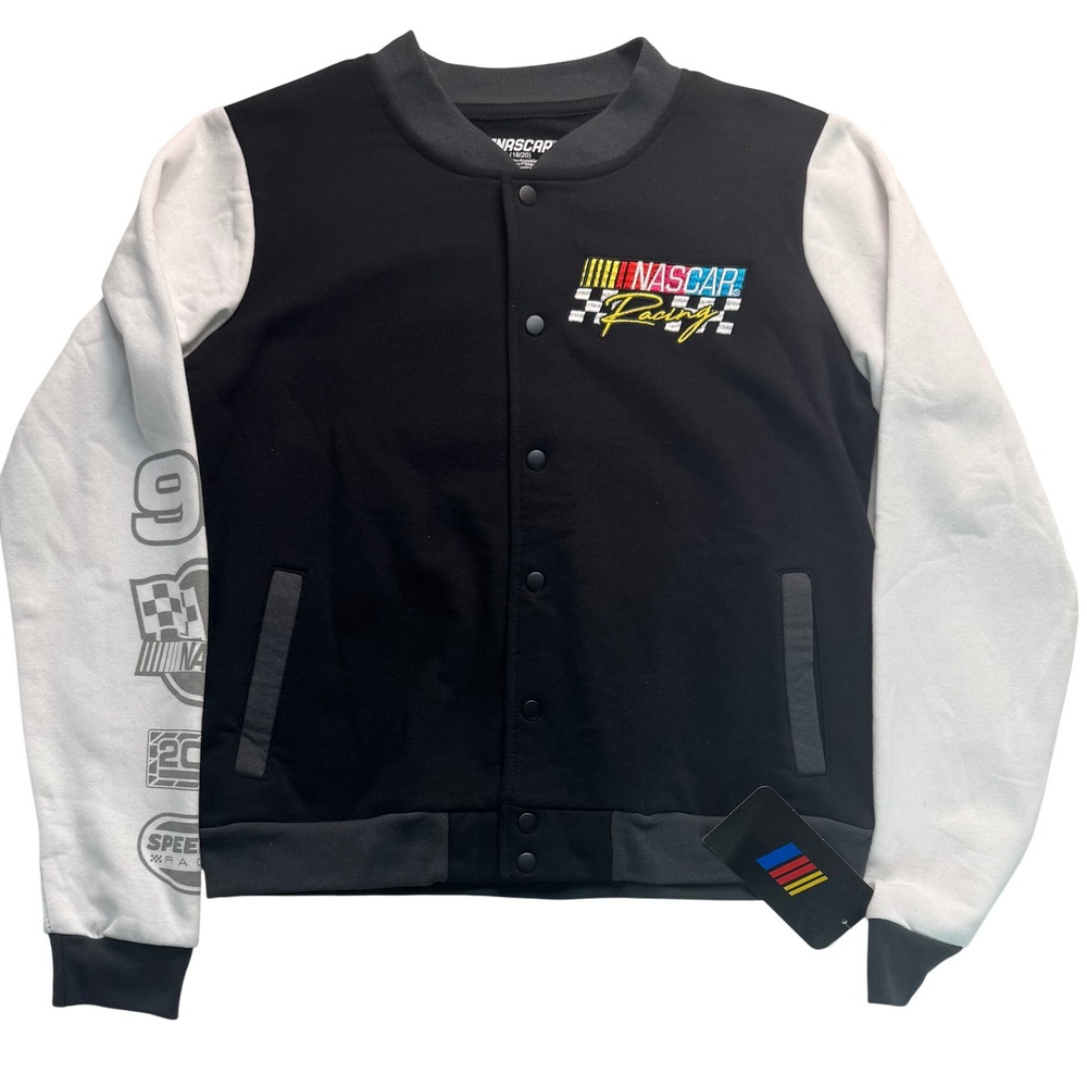NASCAR Racing Boys Varsity Bomber Jacket Black White XL 18/20 NWT